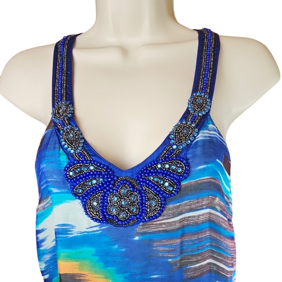 FREE PEOPLE Silk Beads Rhinestones Ruffles Blue & Orange Watercolor Halter Dress - Picture 14 of 16